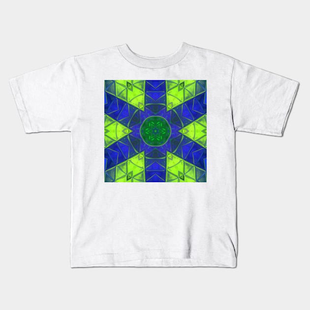 Mosaic Kaleidoscope Flower Green and Blue Kids T-Shirt by WormholeOrbital